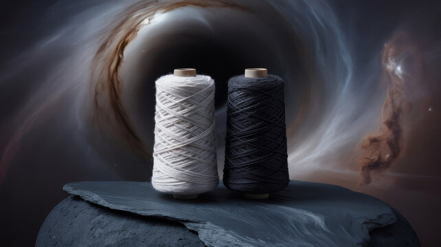 Spools of thread in monochromatic colors on dark stone pedestal with swirling misty background for textile industry