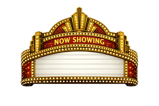 Art deco theater marquee, vintage cinema billboard with glowing light bulbs displaying now showing text
