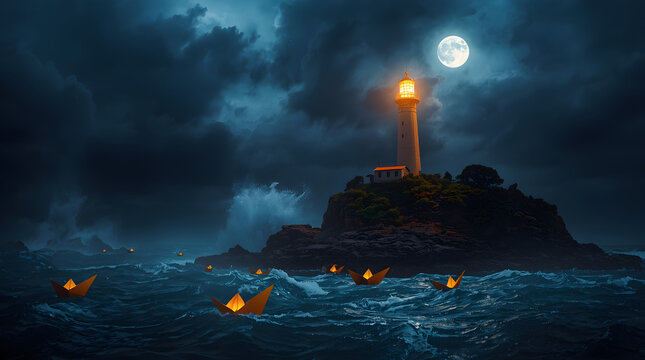 A lighthouse stands on a rocky island in a stormy sea, guiding paper boats through the night.