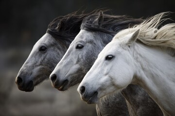 Fototapeta premium Majestic trio of gray and white horses in motion with flowing manes
