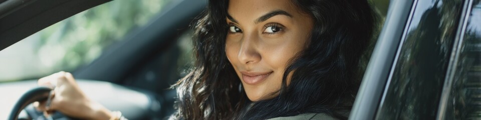 Naklejka premium Confident young hispanic female driving car with smile and curly hair