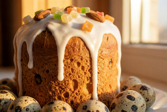 Easter kulich bread with raisins and colorful quail eggs on linen cloth
