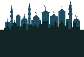 Obraz premium Silhouette of modern city of mosque skyline with minarets and domes under crescent moons on transparent background