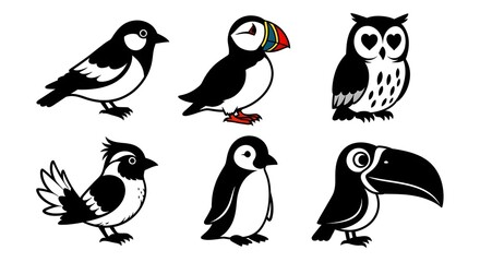 Collection of six black and white cartoon birds