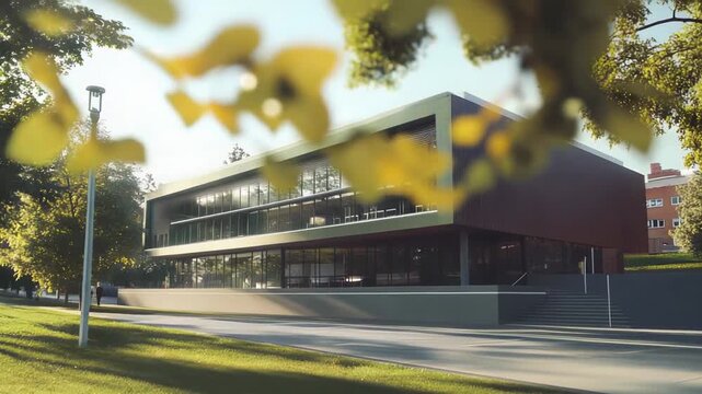 Contemporary university building with a glass facade reflecting green trees and sunlight, integrating into a tranquil campus park environment with modern architecture and natural surroundings