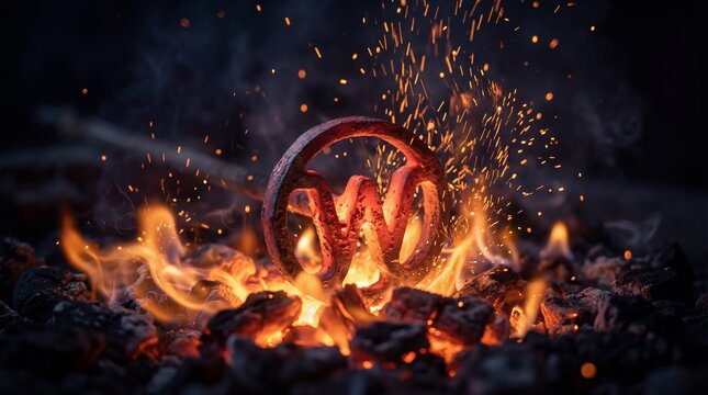 Glowing red hot branding iron with letter W heating in burning charcoal fire with sparks. Western ranch lifestyle and industrial metalworking concept banner with copy space