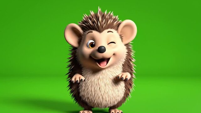 Adorable cartoon hedgehog character on green screen