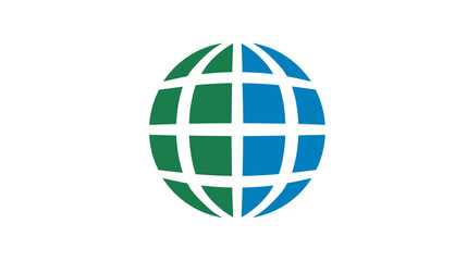 A simplified globe graphic with a grid pattern composed of green and blue curved segments