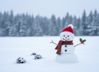 Obraz premium Whimsical snowman with red hat and scarf in a snowy field with pine trees