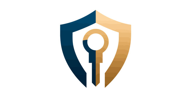 Stylized shield with keyhole design, with two-tone segments, blue and gold colors on a white backdrop