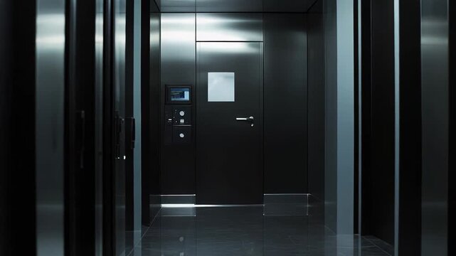 Modern server room corridor with metallic cabinets and a secure door, representing cutting edge technology, it infrastructure, and digital security solutions