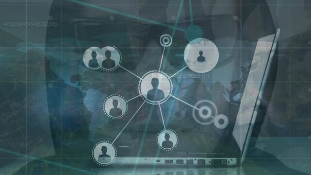 Animation of network of connections with icons over caucasian male hacker and laptop