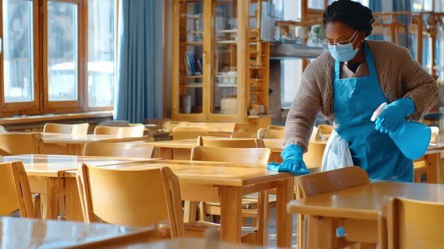 Medium shot capturing a caretaker cleaning classroom desks and chairs with a nontoxic solution emphasizing safe allergen removal for childrens health.