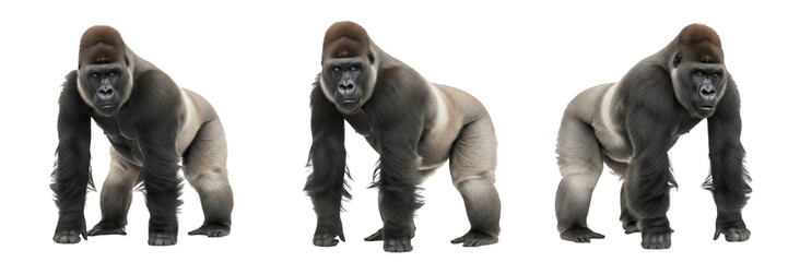 Naklejka premium Adult male silverback gorilla isolated on white background, Gorilla beringei or Gorilla gorilla full body standing, African great ape, forest primate, wildlife photography, endangered species, realist