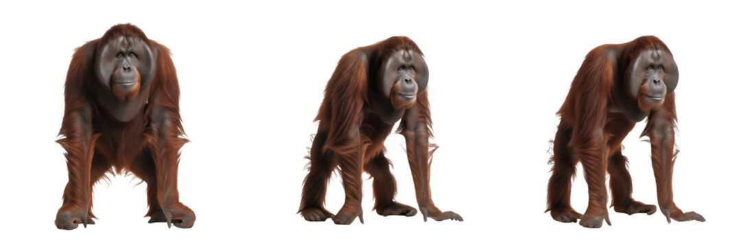 Adult male Bornean or Sumatran orangutan isolated on white background, Pongo pygmaeus or Pongo abelii full body standing, Southeast Asian great ape, tropical primate, wildlife photography, realistic
