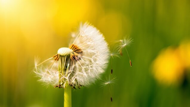 Dandelion seed head releasing achenes with fluffy parachutes into the air, symbolizing nature, growth, and lightness