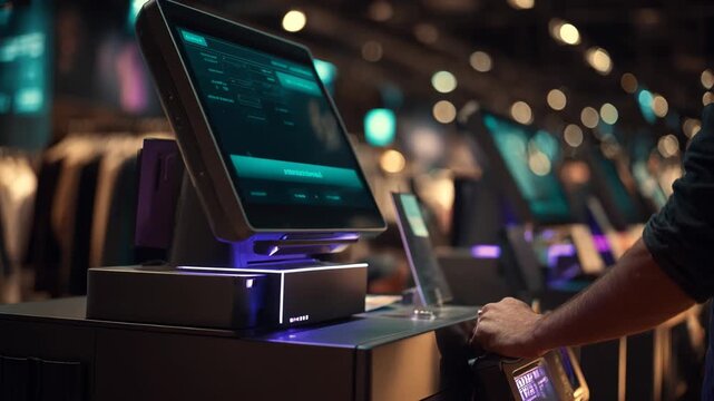 Medium shot of a technician installing a sleek digital payment terminal showcasing advanced software setup for seamless transactions in a modern retail space.