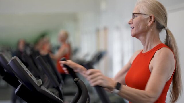 Mature woman works out on an elliptical machine in gym while focusing on her health and fitness routine during daytime hours.