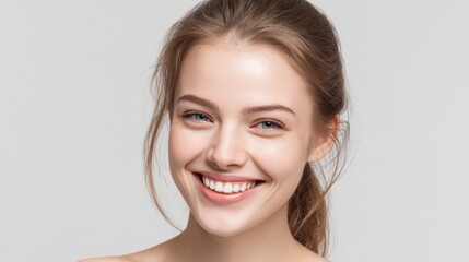 Naklejka premium Smiling caucasian female young adult with brown hair against light background.