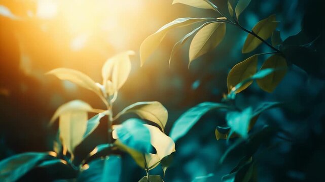 Lush green leaves on a plant stem catching warm golden sunlight, creating a serene and invigorating scene in nature, highlighting growth and freshness in an outdoor environment
