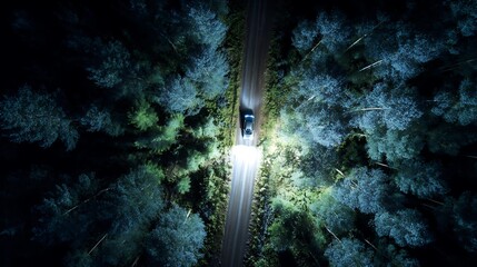 Aerial view of a car driving on a dark forest road at night with headlights on © Tanvir