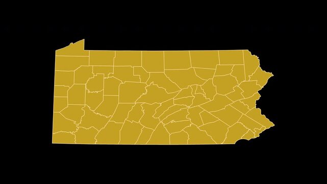 Pennsylvania USA Gold Map 3D Animation Alpha Channel Transparent Background 4K UHD ProRes 60fps