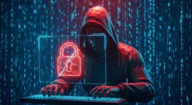 A hooded figure typing on a laptop with a glowing red lock icon on the screen in a dark cyber environment