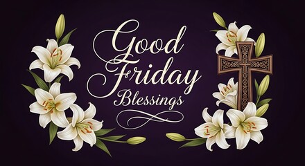 Decorative 'Good Friday Blessings' text with lilies and a carved wooden cross on a deep purple background.