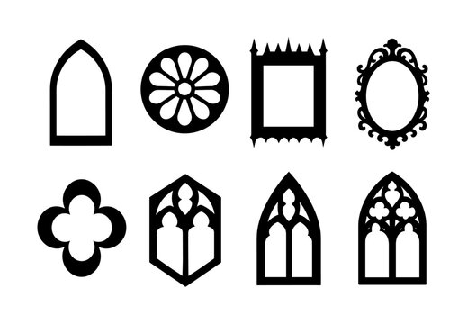Set of gothic window frames with decorative shapes and styles