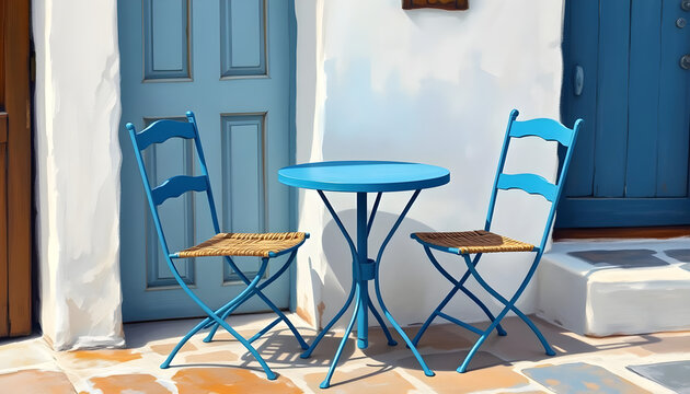 Atmospheric oil painting illustration of a small Greek caf&eacute;-style setup with a blue metal table and two rustic wooden blue chairs. Generative AI.