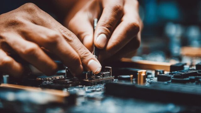 Technician carefully dismantling a vintage desktop computer on a workbench preparing components for cleaning and repair under bright workshop lighting.
