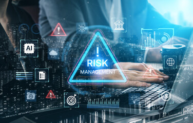 Futuristic risk management featuring AI agents analyzing data, detecting anomalies, and predict...
