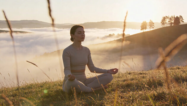 Person meditating outdoors at sunrise on grassy hill wearing neutral athleisure. Soft glowing light