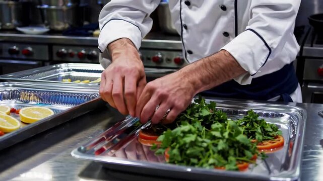 Culinary Specialist Organizes Herbs. Professional Cook Meticulously Prepares Colorful Salads. Culinary Staff Efficiently Organize Fresh Herbs And Citrus Dishes For Upcoming Event Preparation