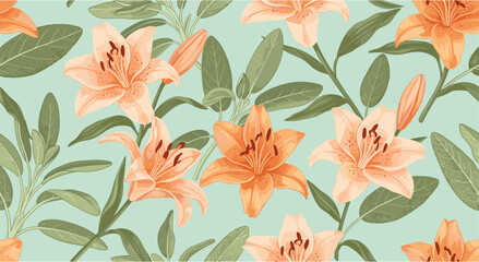 Elegant floral pattern with orange lilies and leaves on soft green background