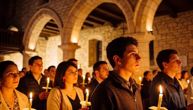 Multicultural students hold candles in solemn nighttime vigil inside historic church
