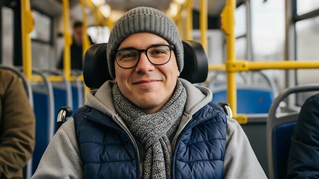 happy caucasian man in wheelchair riding public bus. disabled male wearing glasses and warm clothes smiling at camera. urban transportation and accessibility concept.