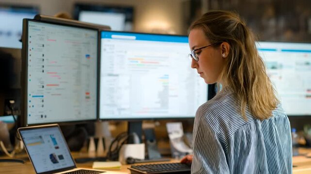 Medium shot of a professional managing a customer database on a SaaS CRM platform organizing client interactions and sales pipelines seamlessly.