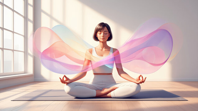 Woman meditating on yoga mat with flowing multicolored energy waves in bright room, serene mindfulness practice. Spiritual balance and wellness lifestyle