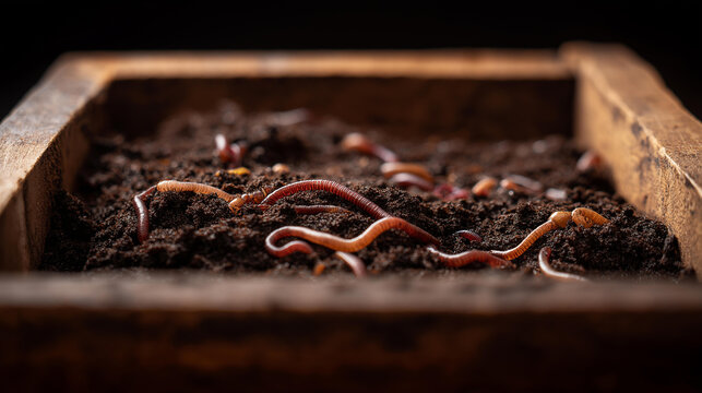 Red wiggler worms crawling through rich dark vermicompost in wooden bin, extreme close-up, soft diffused light, minimalist photography, worm farm, recycled materials surface