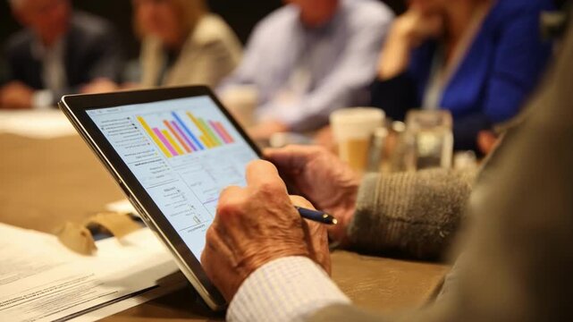 A policy advocate presents compelling data on a tablet during a facetoface meeting to support health care legislation.