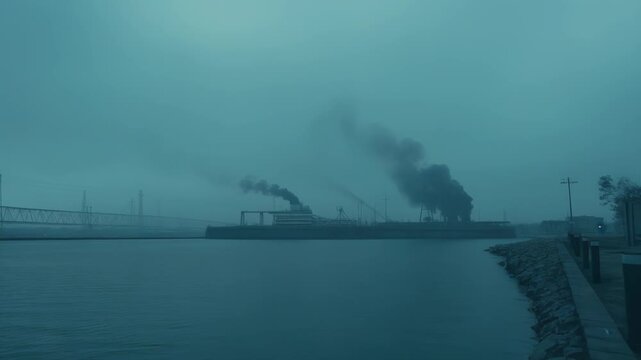 Industrial barge navigating on river, emitting thick plumes of dark smoke into the desaturated and hazy sky, emphasizing environmental pollution and the impact of heavy industry