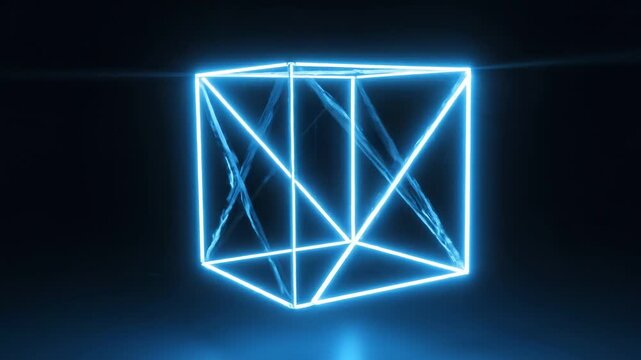 A video showcasing a neon blue cube with glowing lines on a dark background