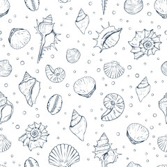 Seashell seamless pattern. Hand drawn marine pattern