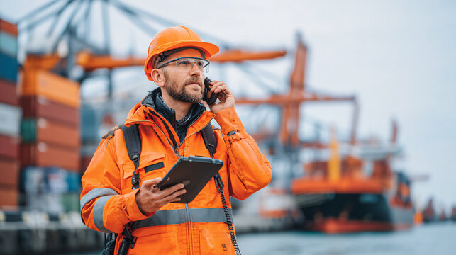 A man in orange safety gear speaking on a phone at a port.