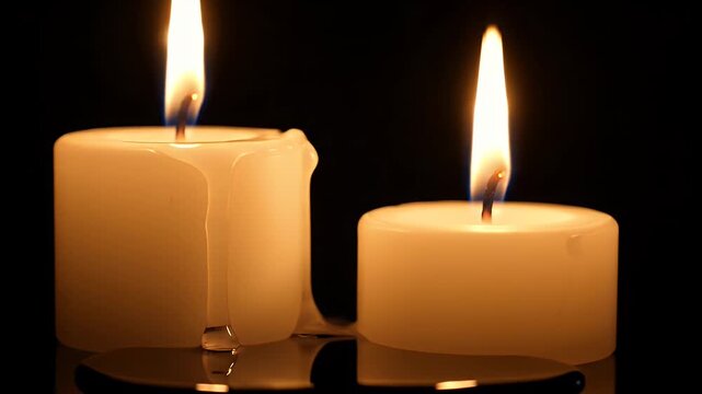 Two White Pillar Candles Burning With Dripping Wax And Reflective Surface In Darkness