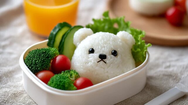 Cute bear rice ball in bento box. Colorful vegetables and fresh ingredients create vibrant meal. Playful presentation inspires healthy eating habits.