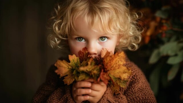 Child holding autumn leaves, cute kid embraces nature's beauty. Close-up captures innocence, joy, and warmth of autumn season. Adorable moment showcases playful spirit.