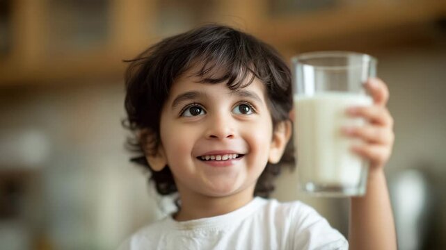 Happy child drinking milk at home. Smiling kid enjoys healthy beverage with joy. Morning routine captures innocence and happiness in family kitchen.