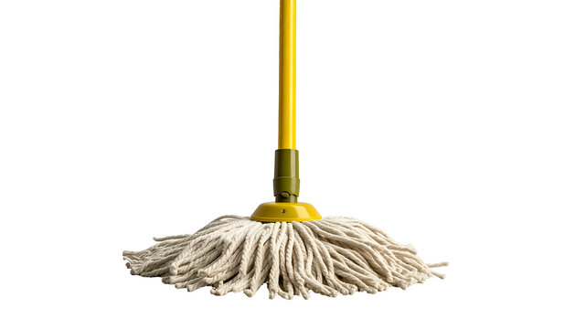 A clean-cut image of a mop, featuring a yellow handle, white mop head, and black background